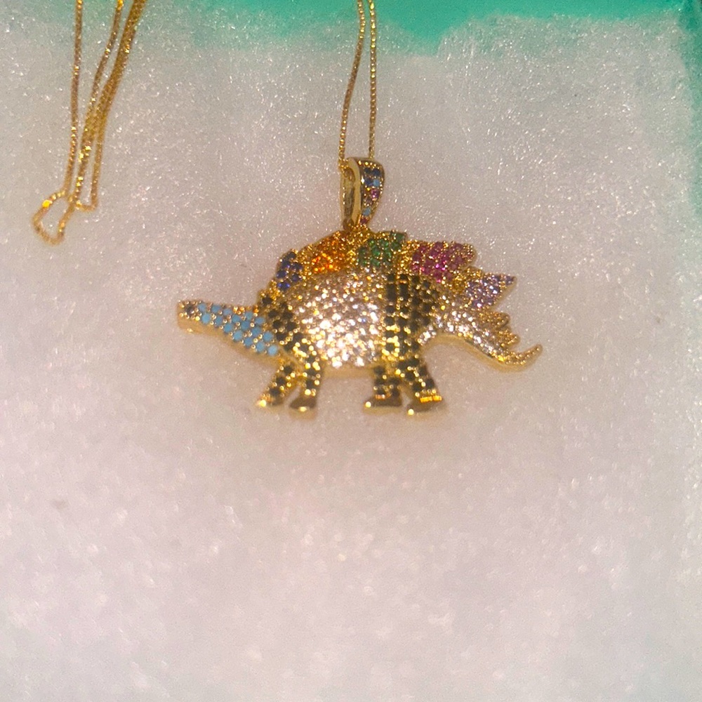 Boho hippie Stegosaurus Dinosaur Gold Plated over Silver 16” Necklace - Picture 2 of 6